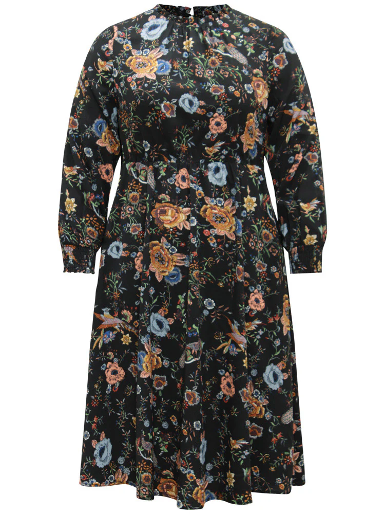Floral Print Shirred Gathered Stand Collar Dress - Image 5