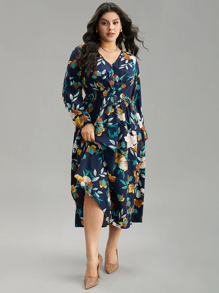 Floral Print Shirred Lantern Sleeve Dress - Image 4