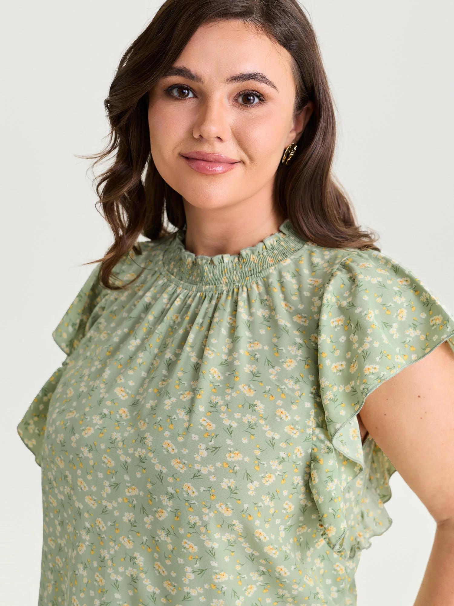 Floral Print Shirred Mock Neckline Blouse - Image 2