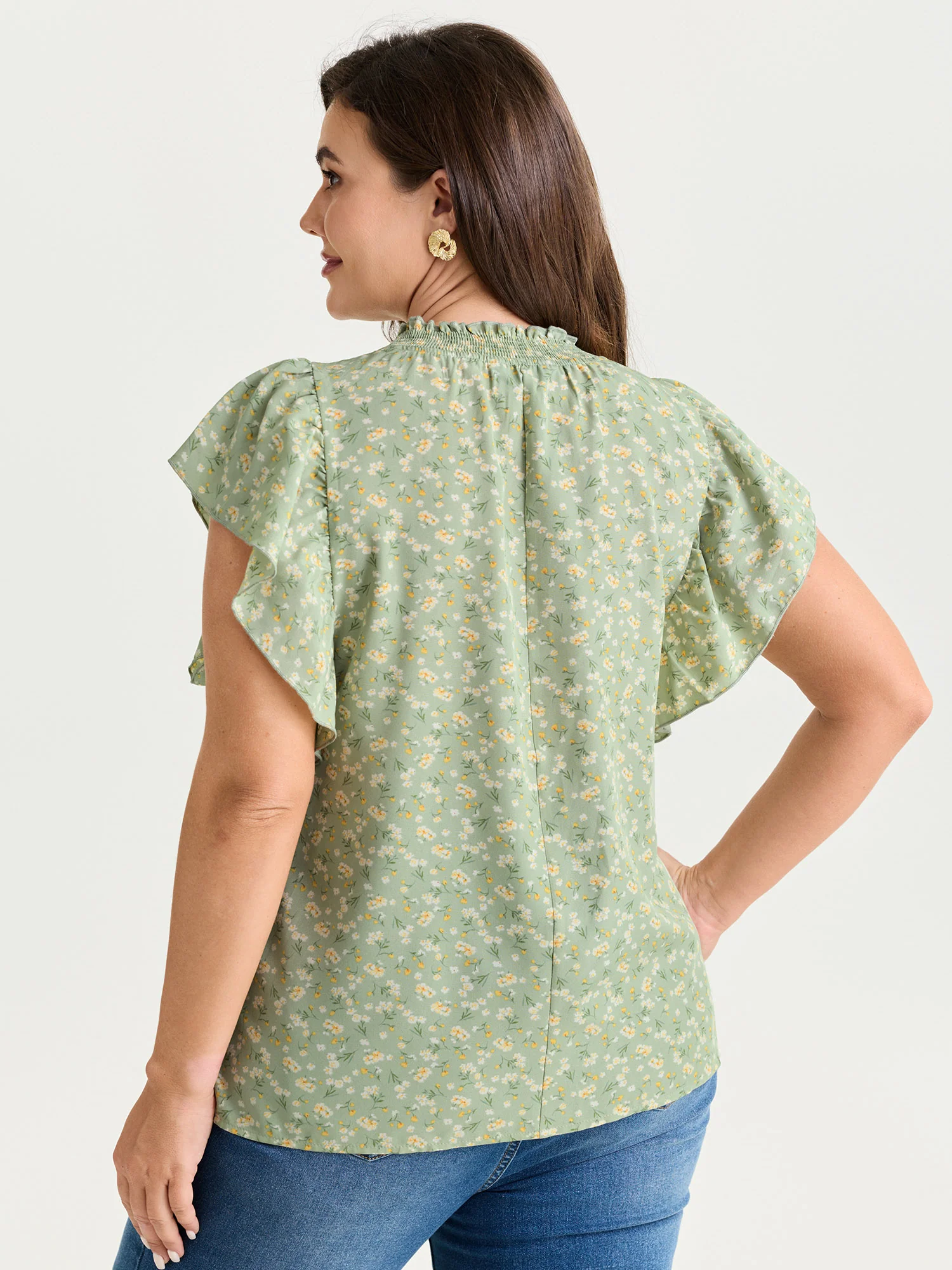Floral Print Shirred Mock Neckline Blouse - Image 5