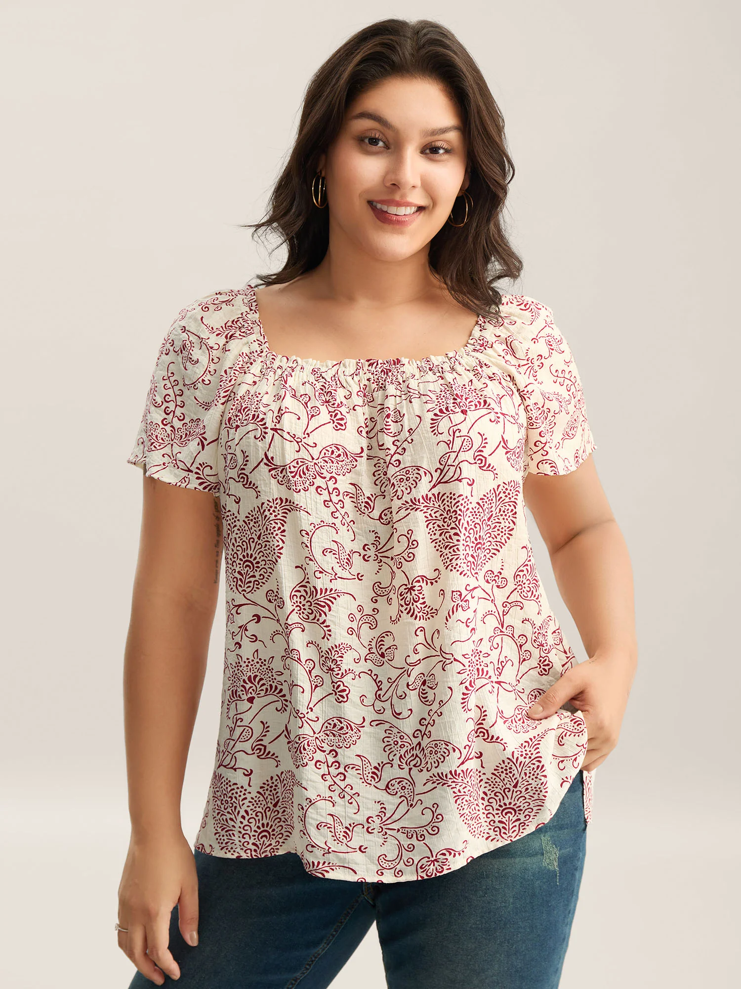 Floral Print Shirred Neck Flowy Blouse - Image 2