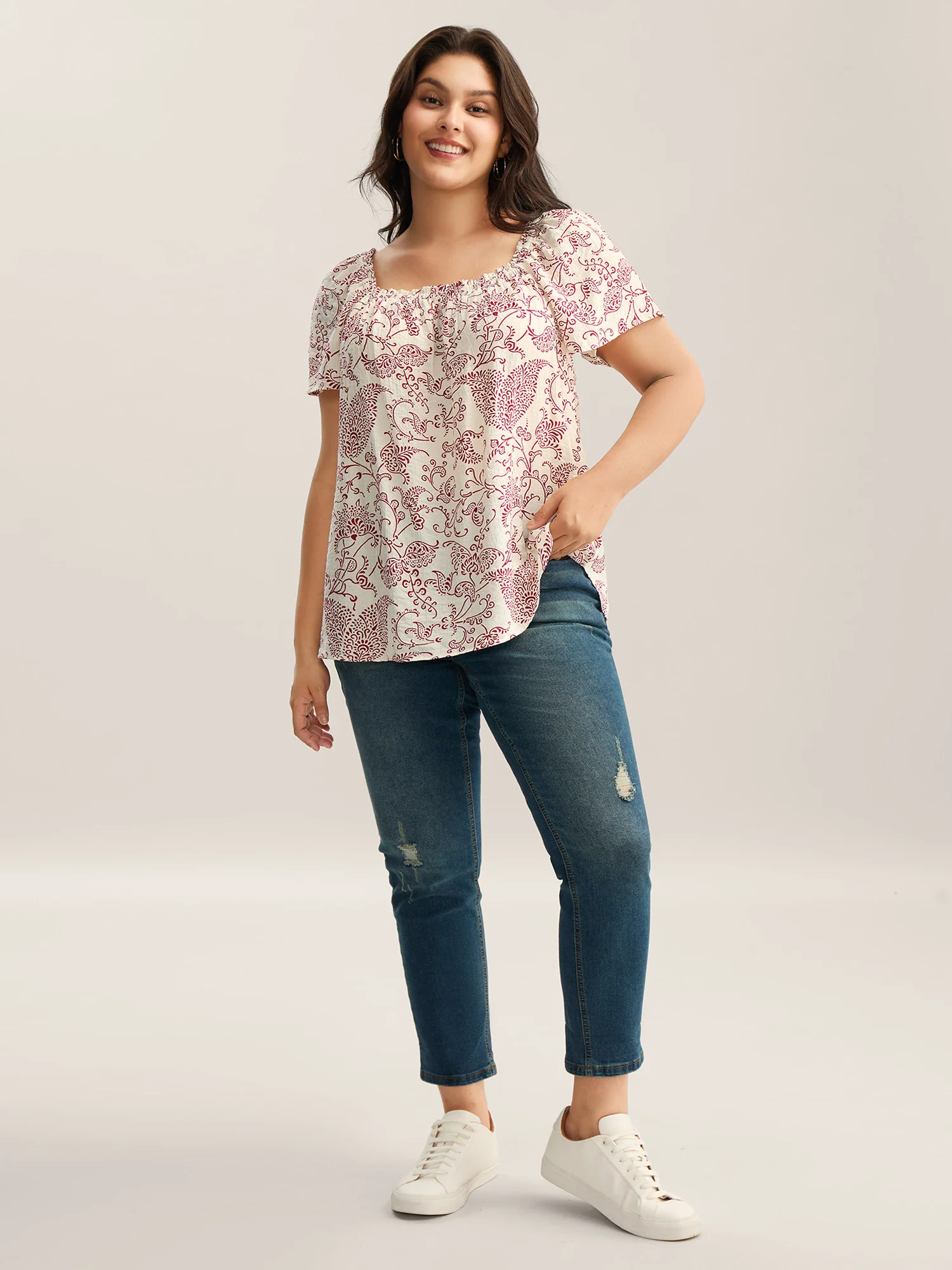 Floral Print Shirred Neck Flowy Blouse - Image 3