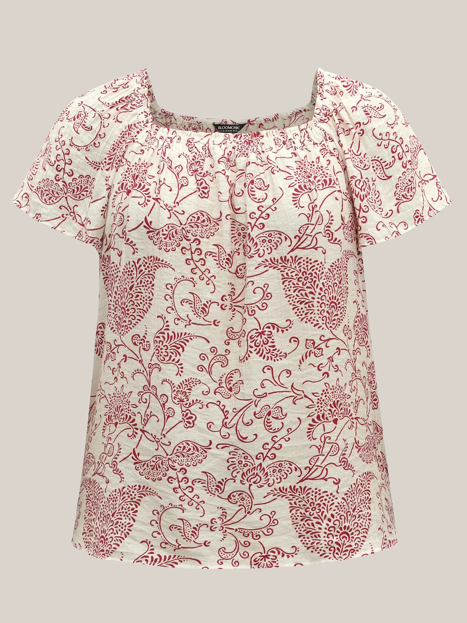 Floral Print Shirred Neck Flowy Blouse - Image 7