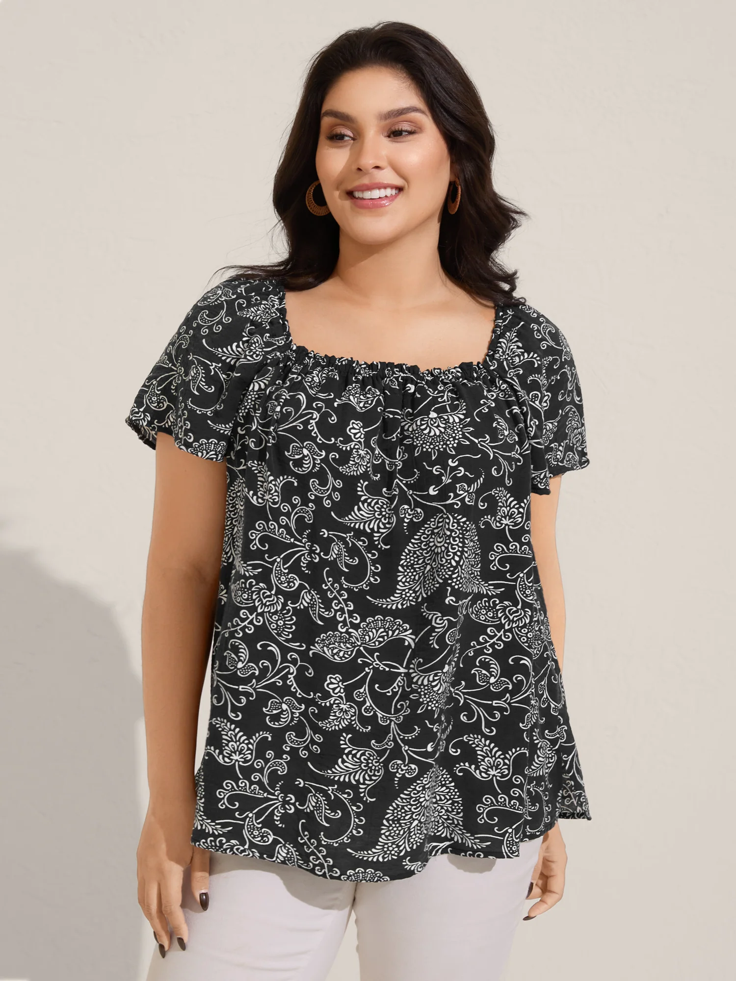 Floral Print Shirred Neck Flowy Blouse - Image 9