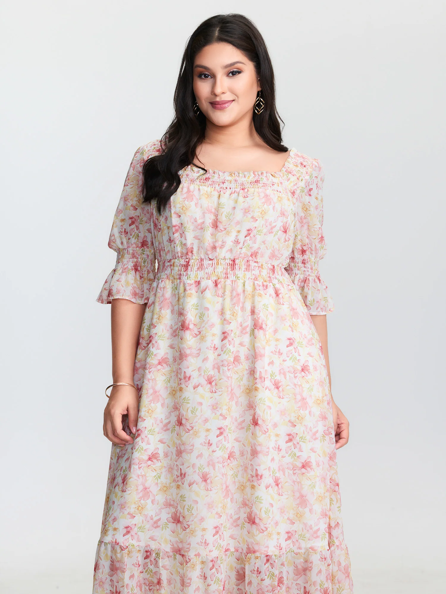 Floral Print Shirred Neckline Maxi Dress - Image 2