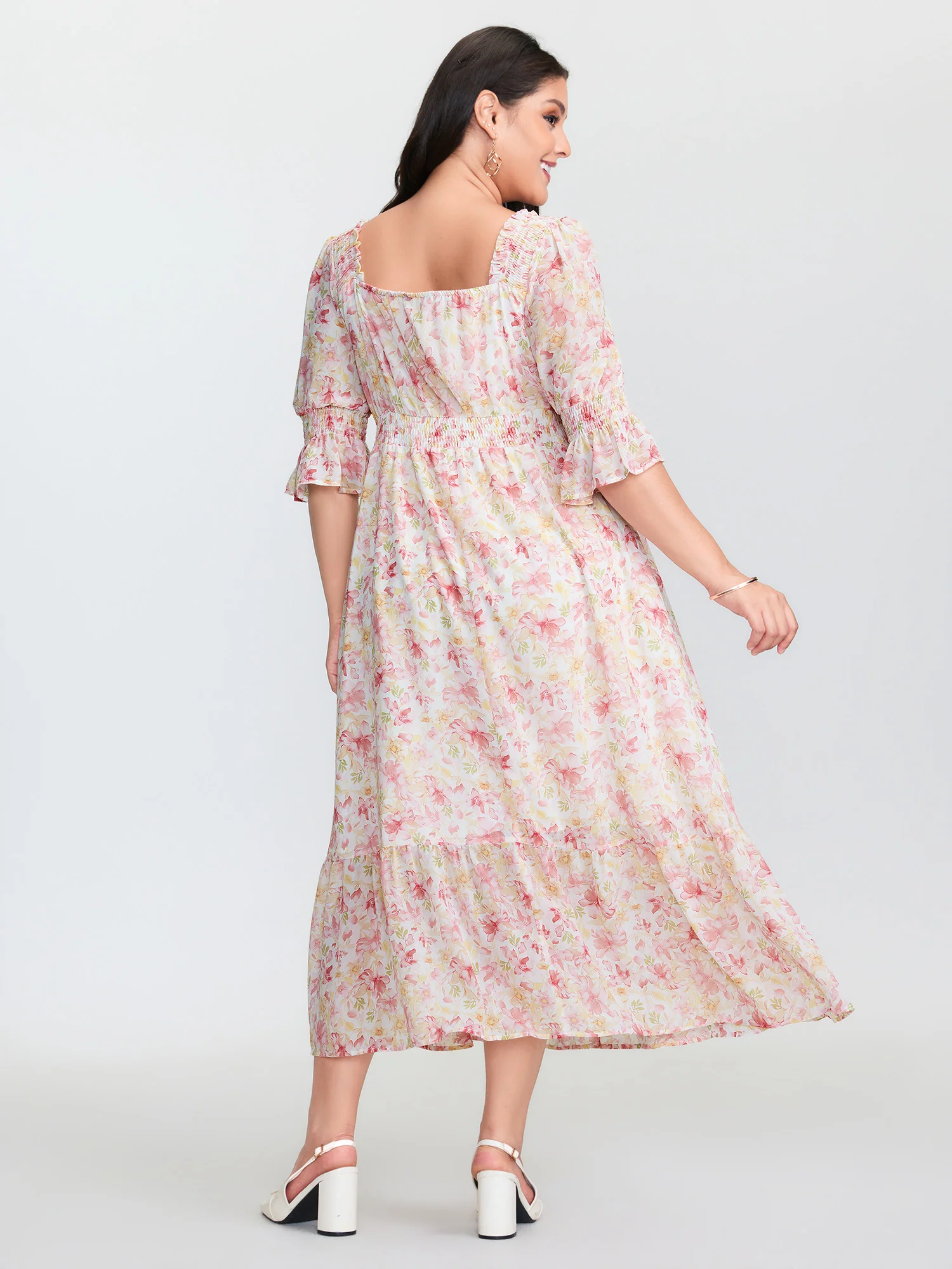 Floral Print Shirred Neckline Maxi Dress - Image 4