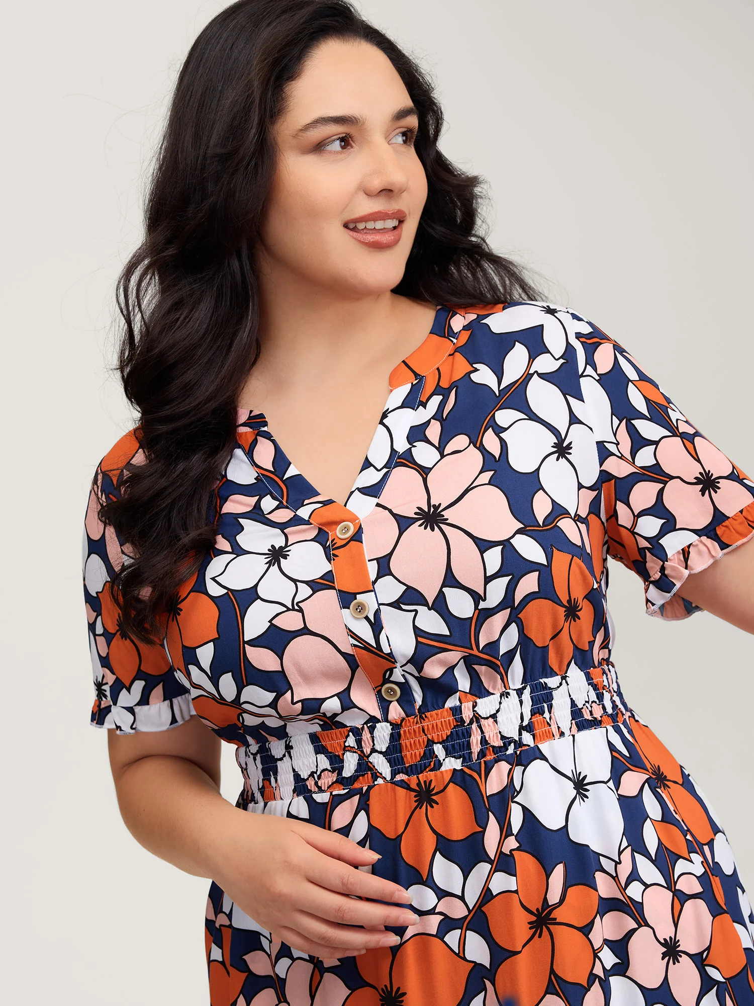 Floral Print Shirred Notched Neckline Midi Dress - Image 2