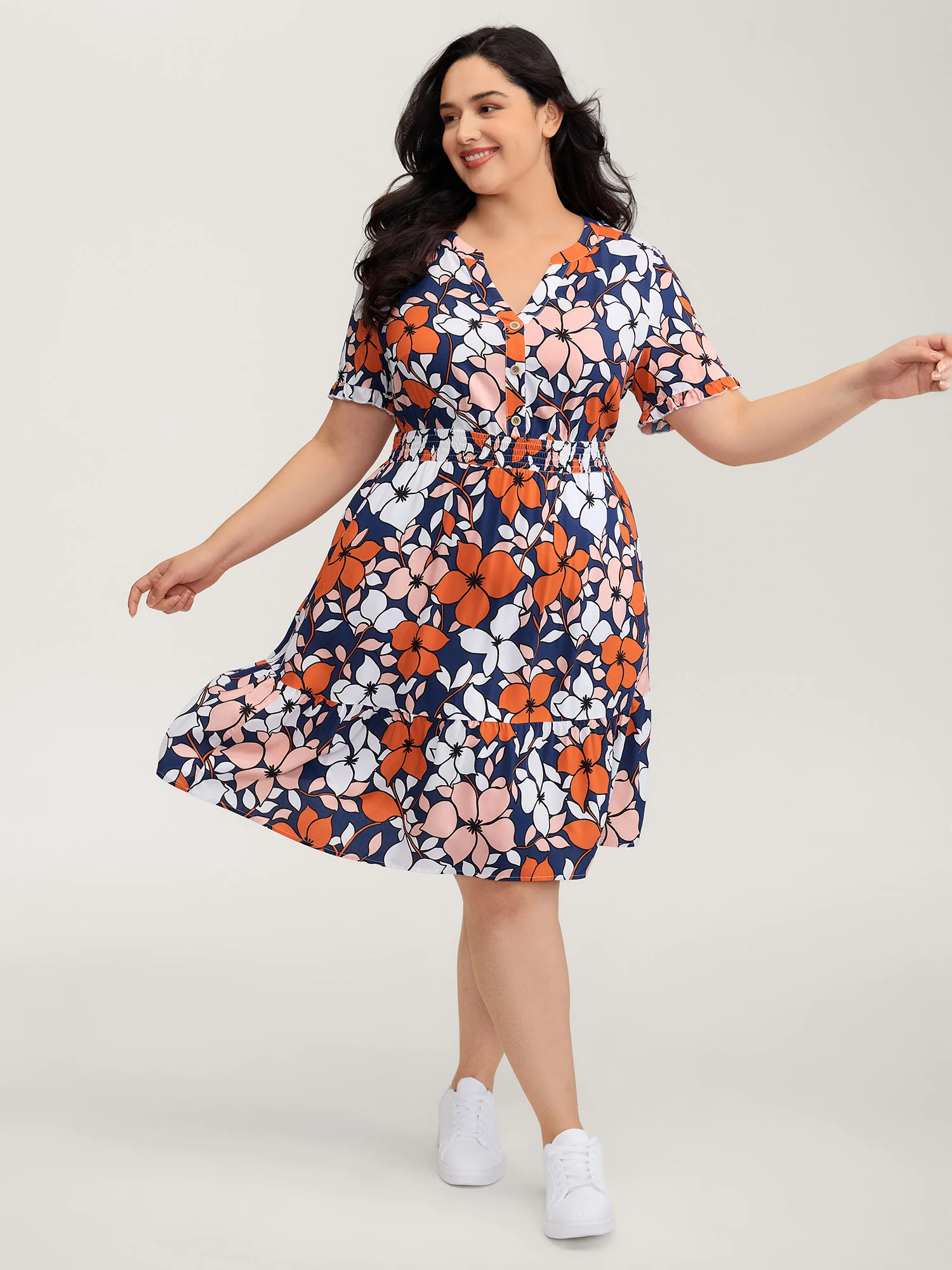 Floral Print Shirred Notched Neckline Midi Dress - Image 3