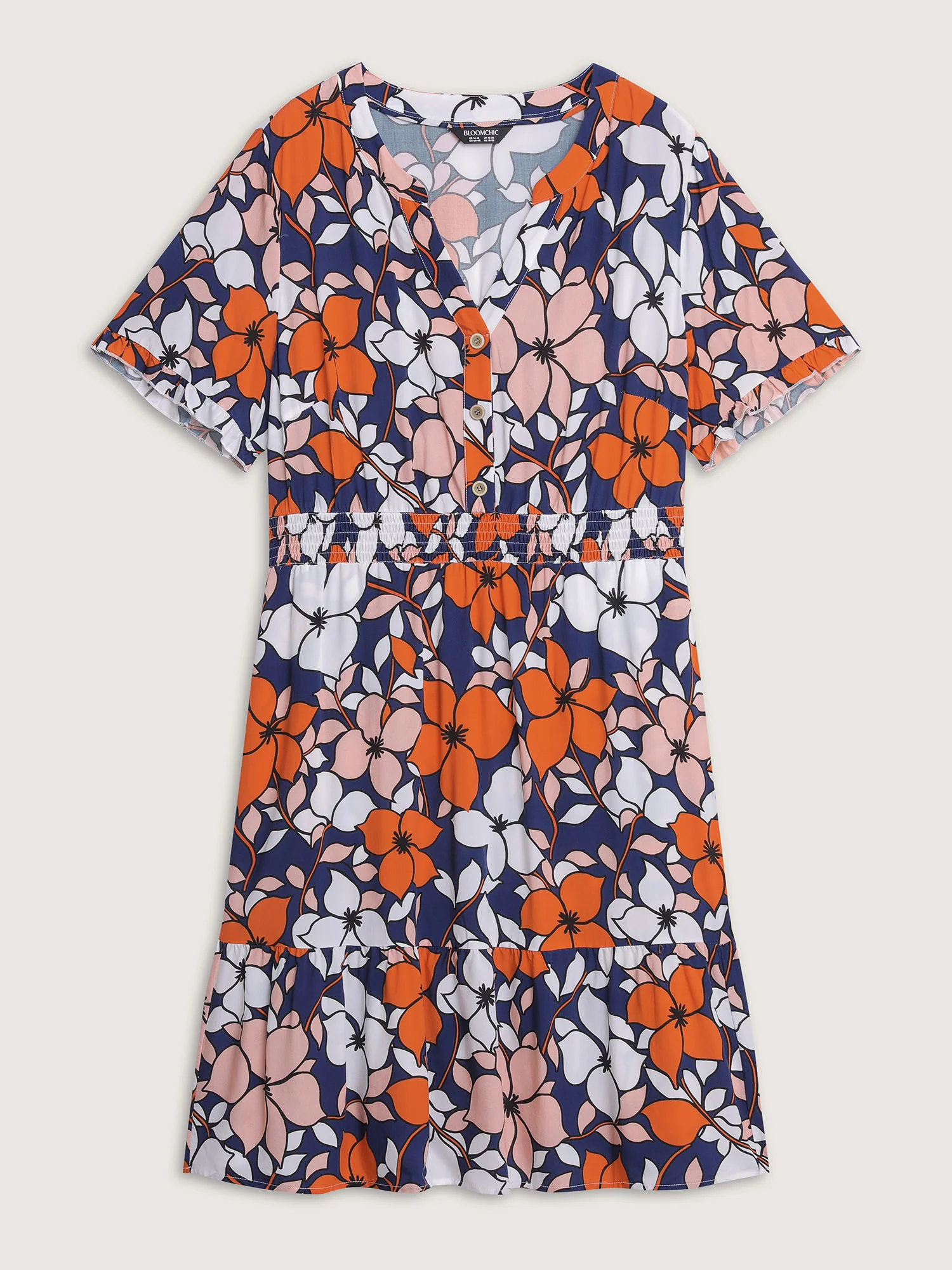 Floral Print Shirred Notched Neckline Midi Dress - Image 7