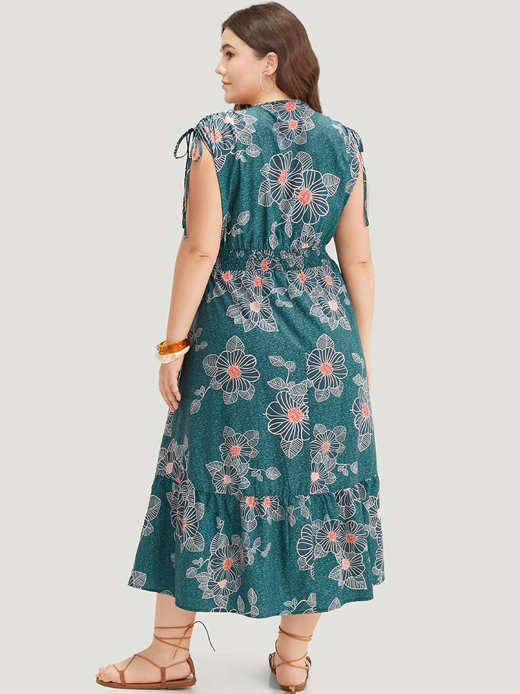Floral Print Shirred Overlap Collar Drawstring Dress - Image 2