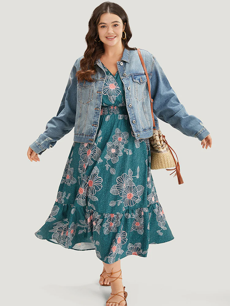 Floral Print Shirred Overlap Collar Drawstring Dress - Image 3
