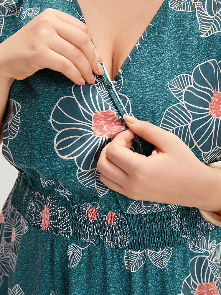 Floral Print Shirred Overlap Collar Drawstring Dress - Image 5