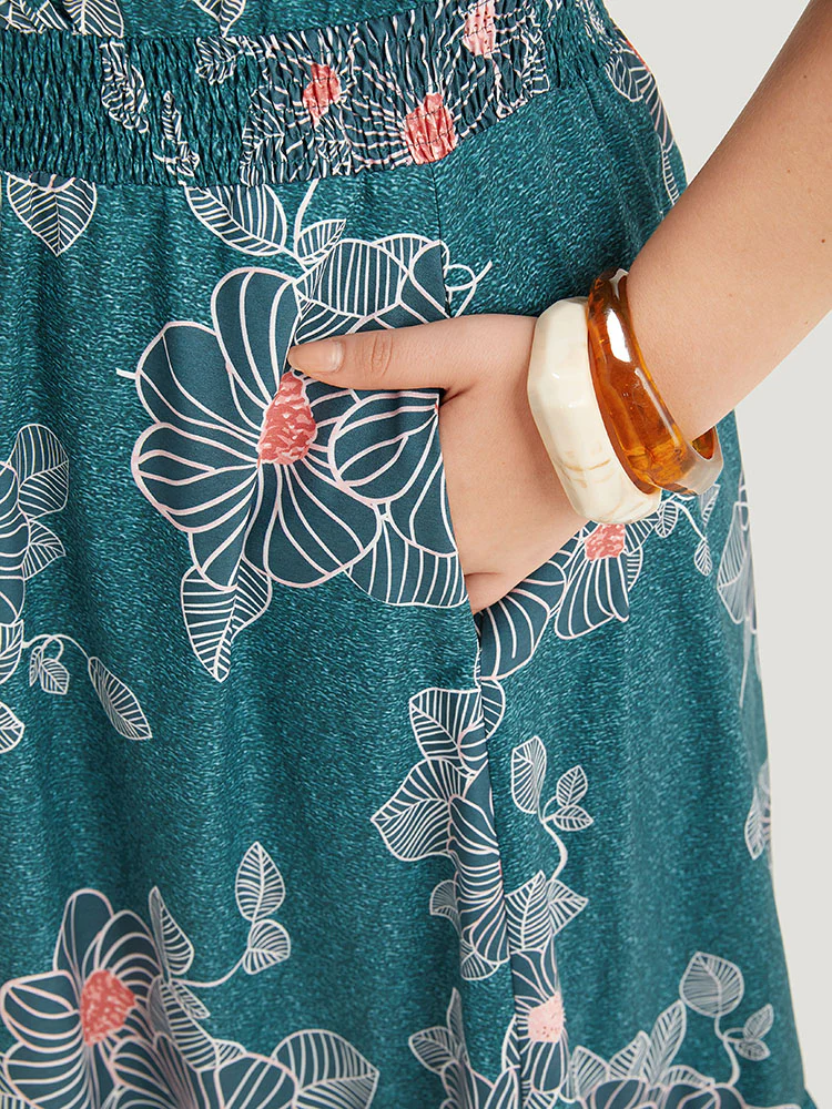 Floral Print Shirred Overlap Collar Drawstring Dress - Image 7