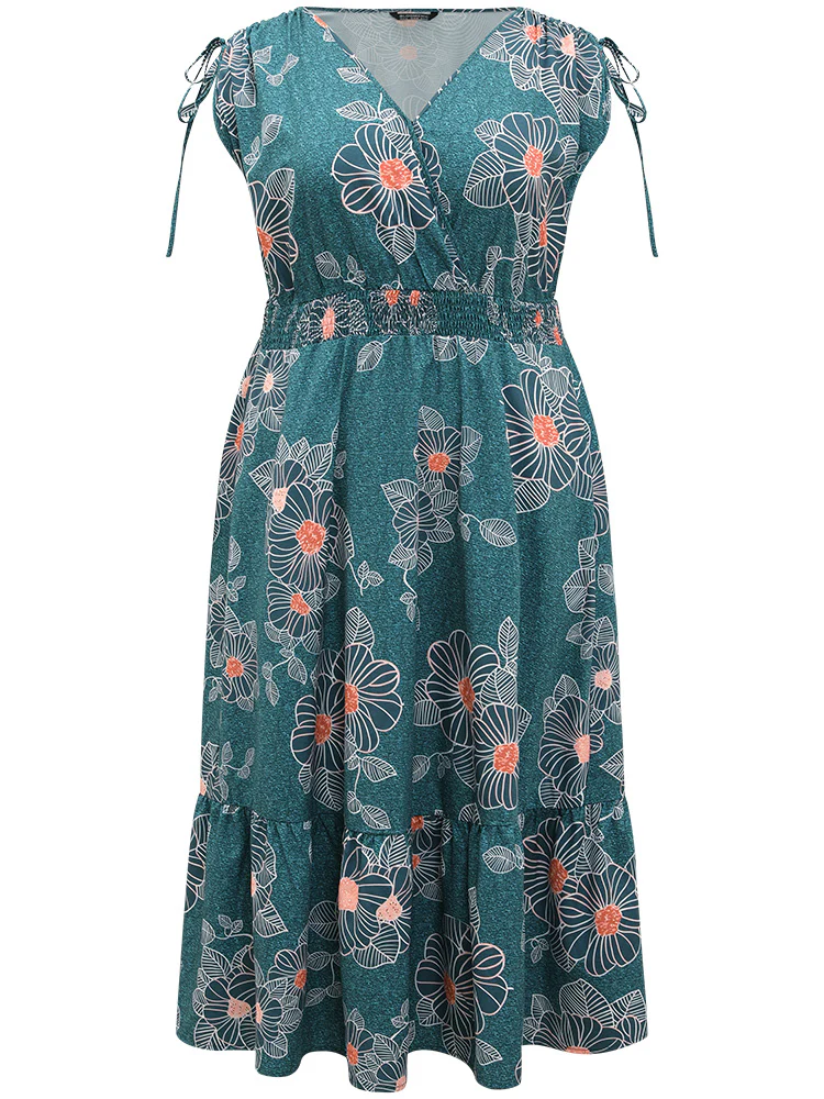 Floral Print Shirred Overlap Collar Drawstring Dress - Image 8