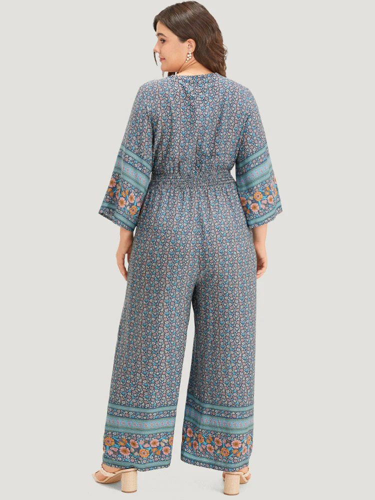 Floral Print Shirred Overlap Collar Jumpsuit - Image 2