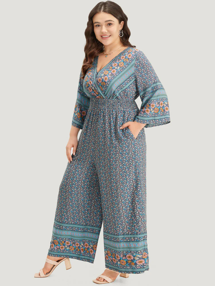 Floral Print Shirred Overlap Collar Jumpsuit - Image 3