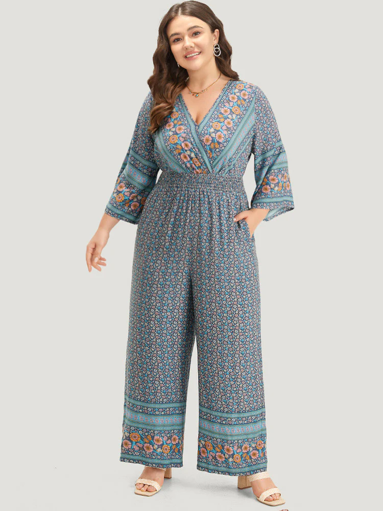 Floral Print Shirred Overlap Collar Jumpsuit - Image 4