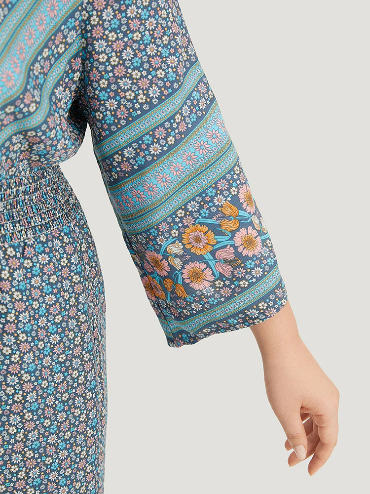 Floral Print Shirred Overlap Collar Jumpsuit - Image 5