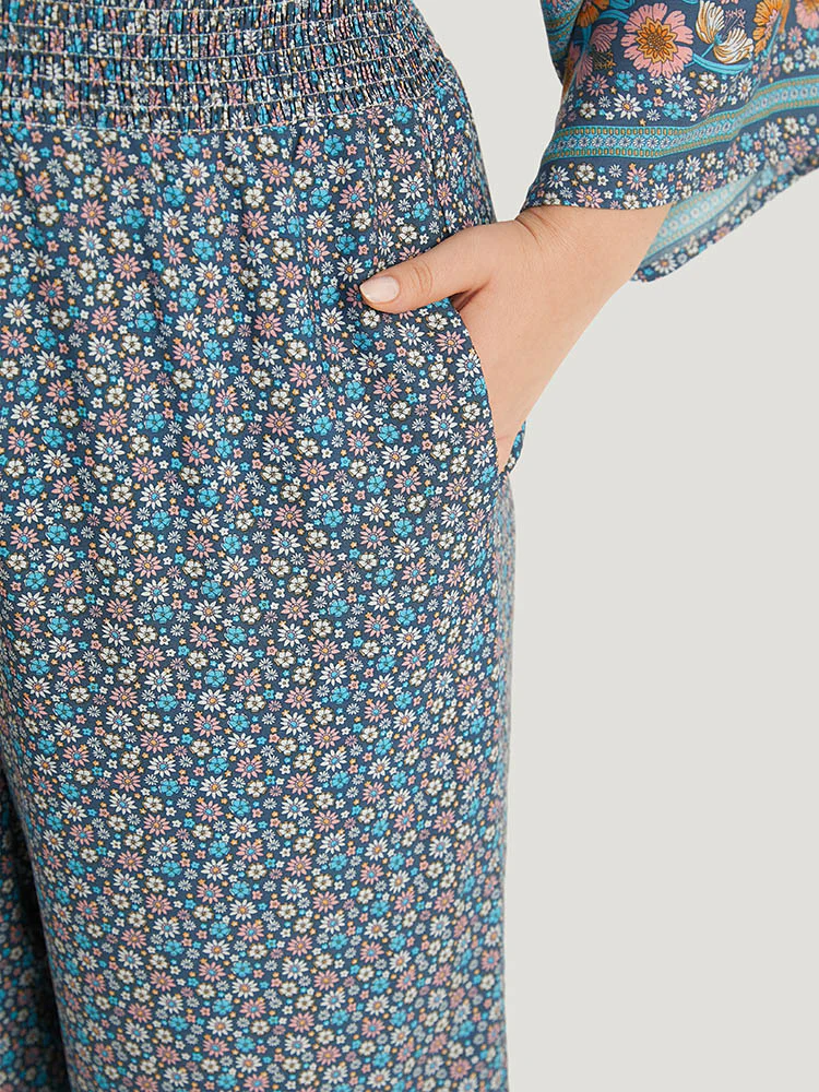 Floral Print Shirred Overlap Collar Jumpsuit - Image 7