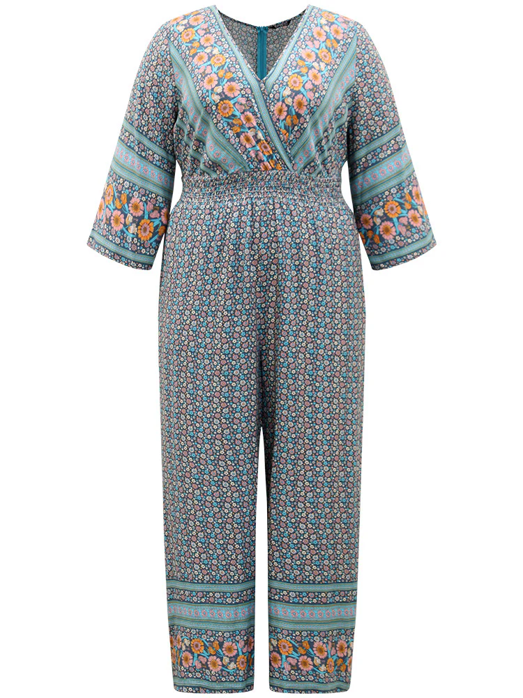 Floral Print Shirred Overlap Collar Jumpsuit - Image 8