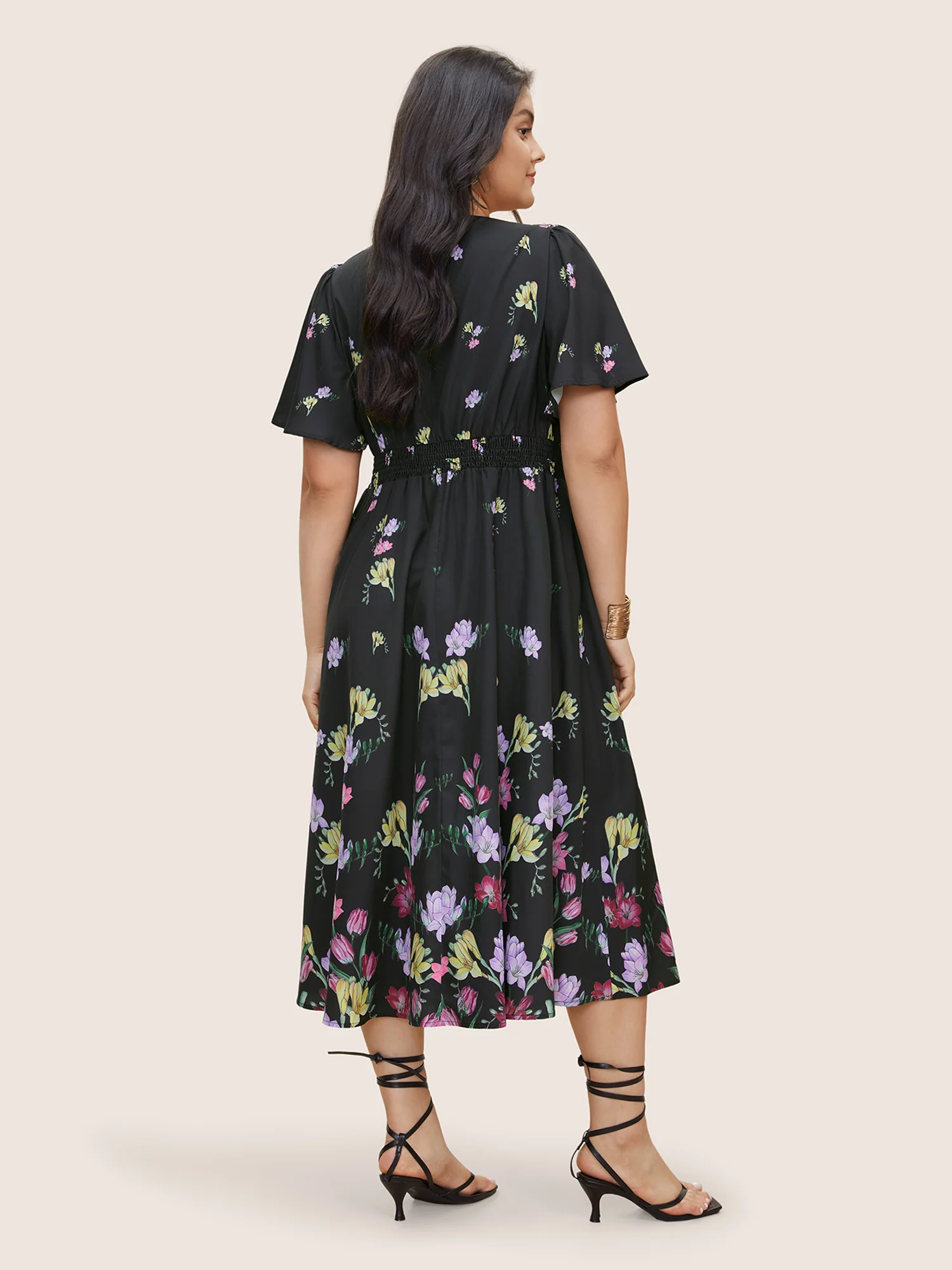 Floral Print Shirred Pocket Ruffle Sleeve Dress - Image 3