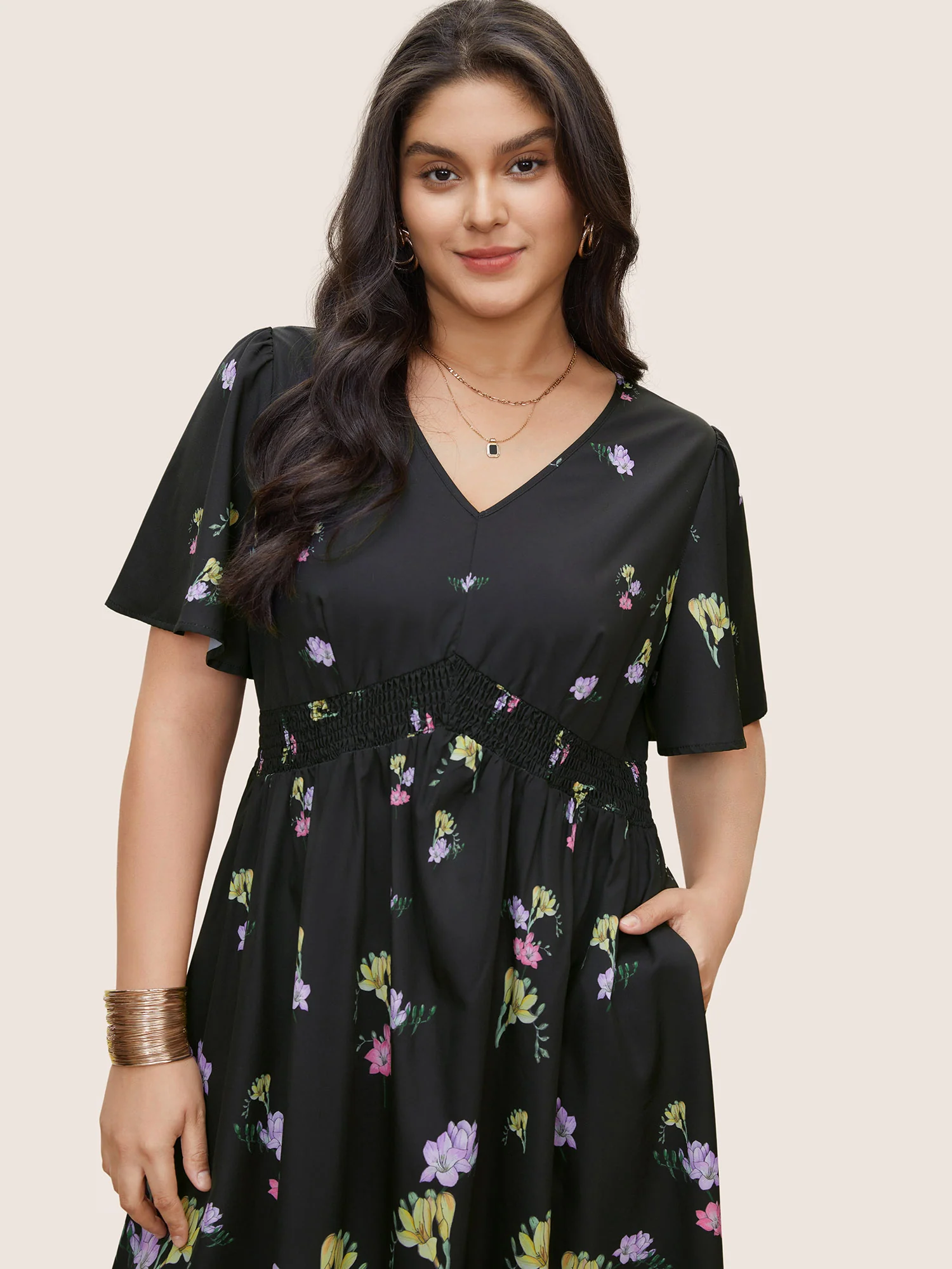Floral Print Shirred Pocket Ruffle Sleeve Dress - Image 4