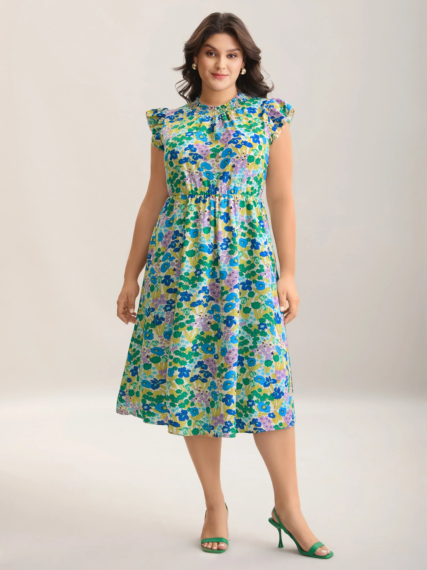 Floral Print Shirred Pockets Midi Dress - Image 10