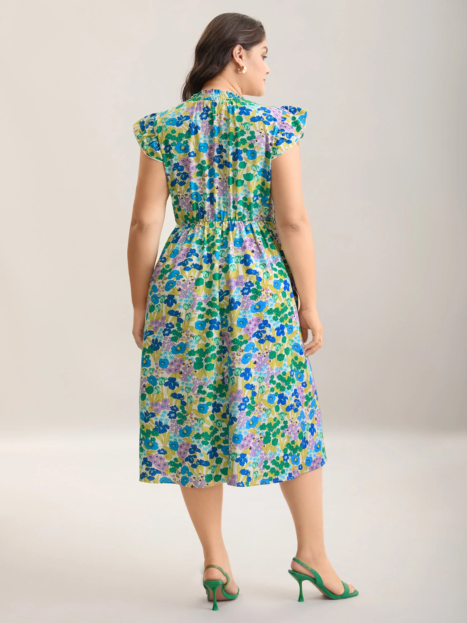 Floral Print Shirred Pockets Midi Dress - Image 11