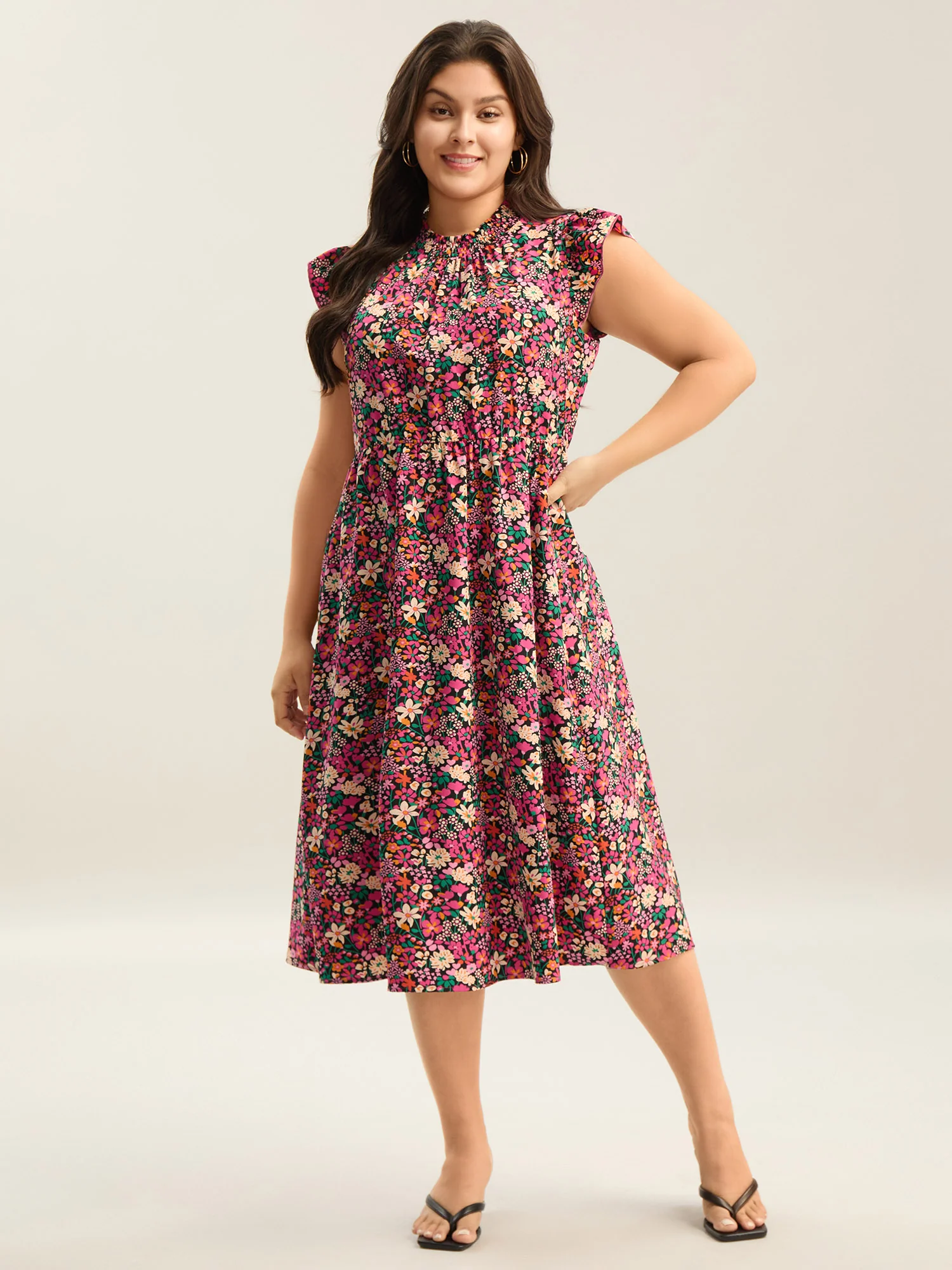 Floral Print Shirred Pockets Midi Dress - Image 13