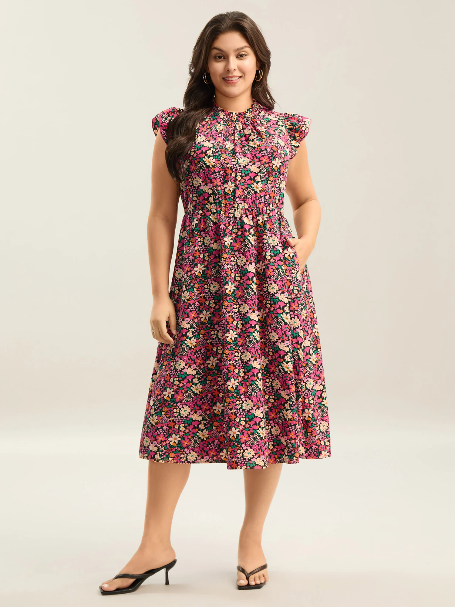 Floral Print Shirred Pockets Midi Dress - Image 14