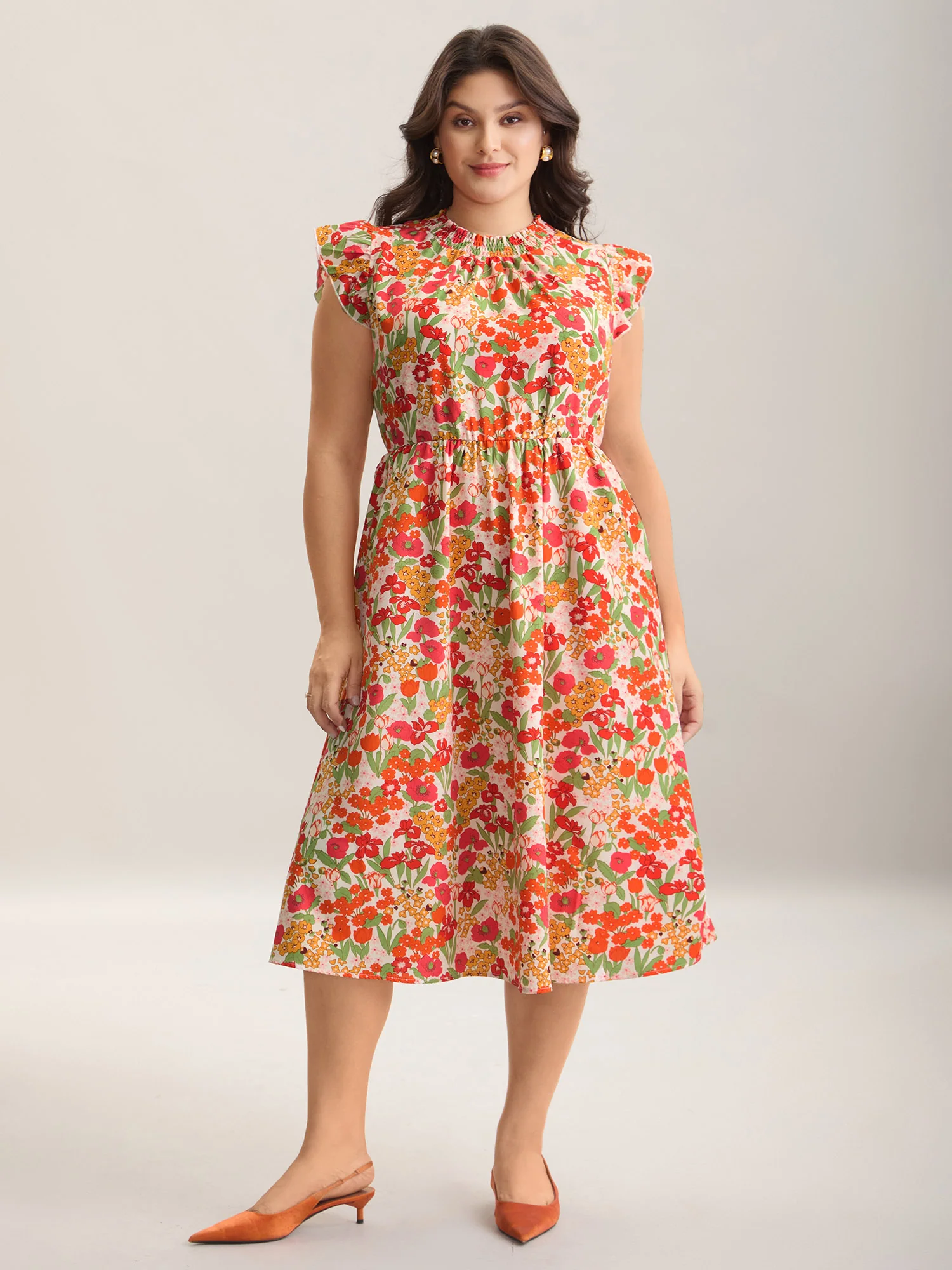 Floral Print Shirred Pockets Midi Dress - Image 16