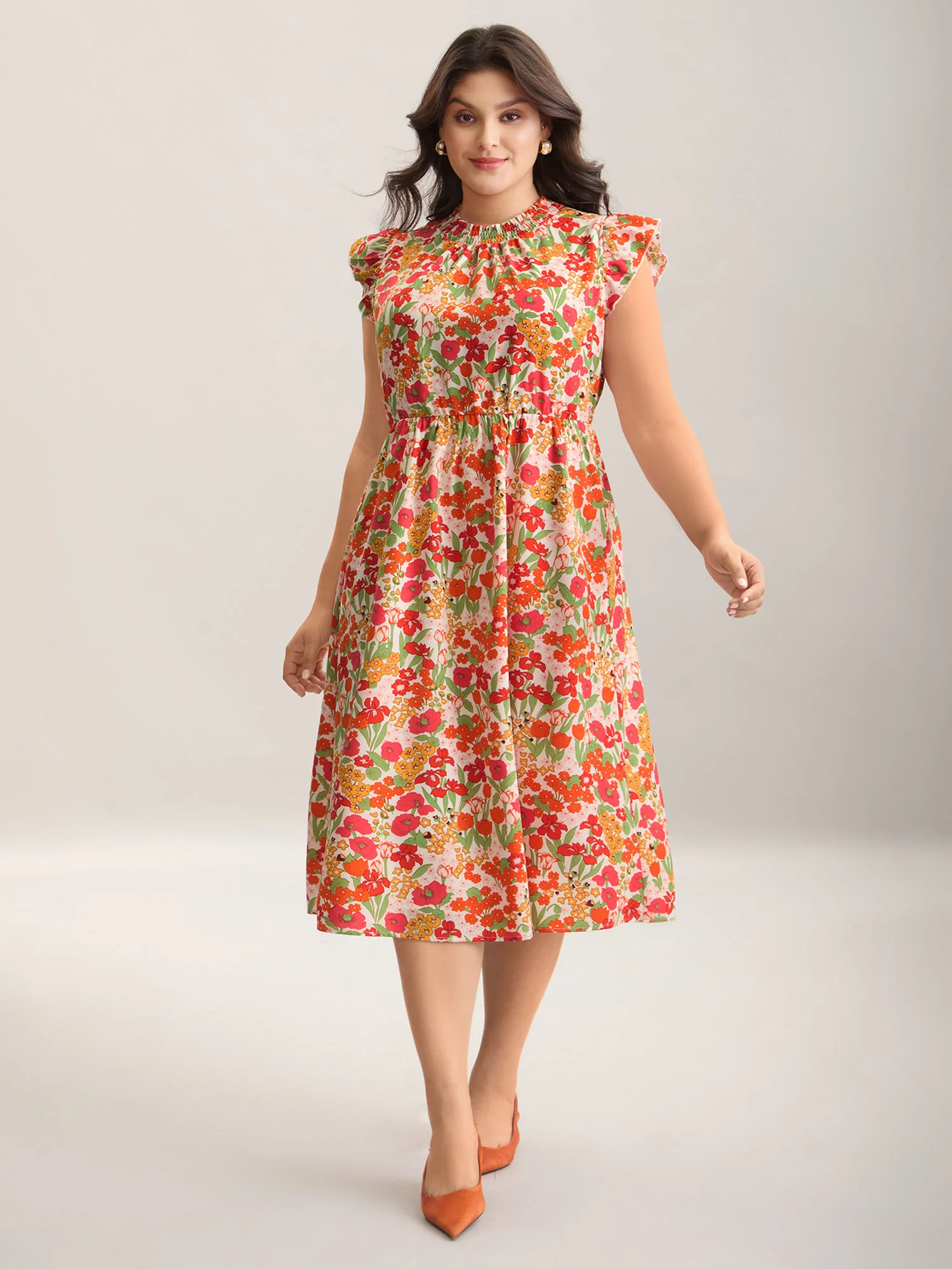 Floral Print Shirred Pockets Midi Dress - Image 18