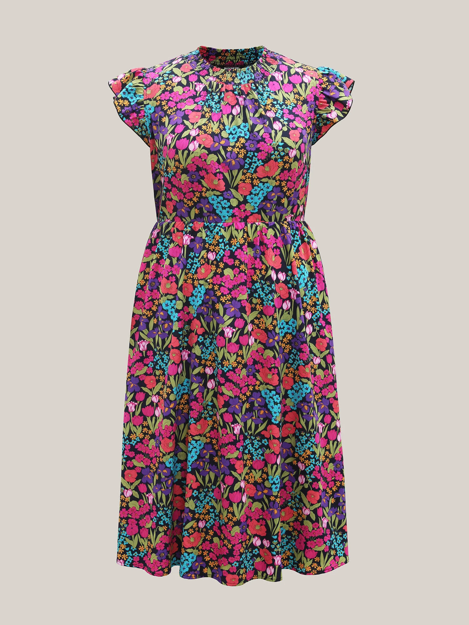 Floral Print Shirred Pockets Midi Dress - Image 7