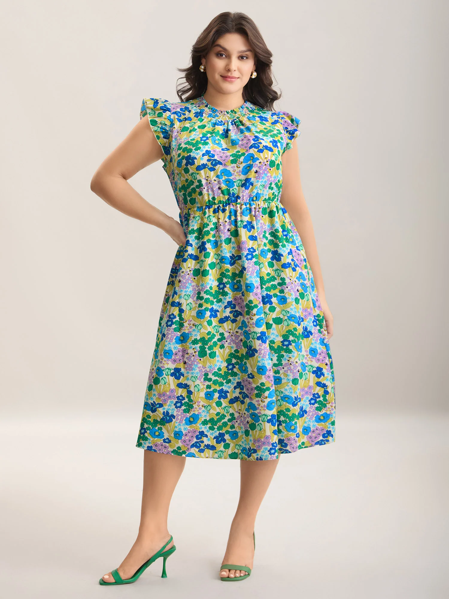 Floral Print Shirred Pockets Midi Dress - Image 8