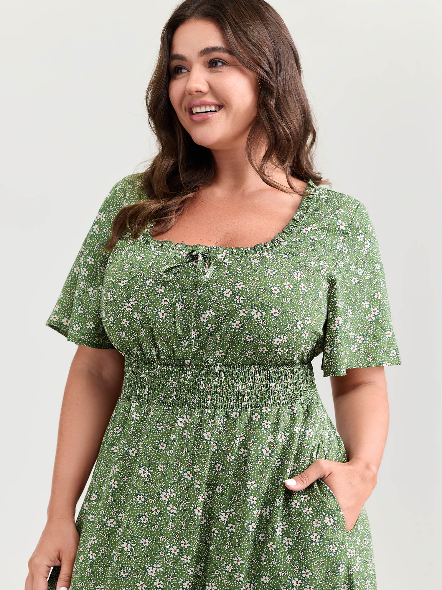Floral Print Shirred Pockets Midi Dress - Image 2