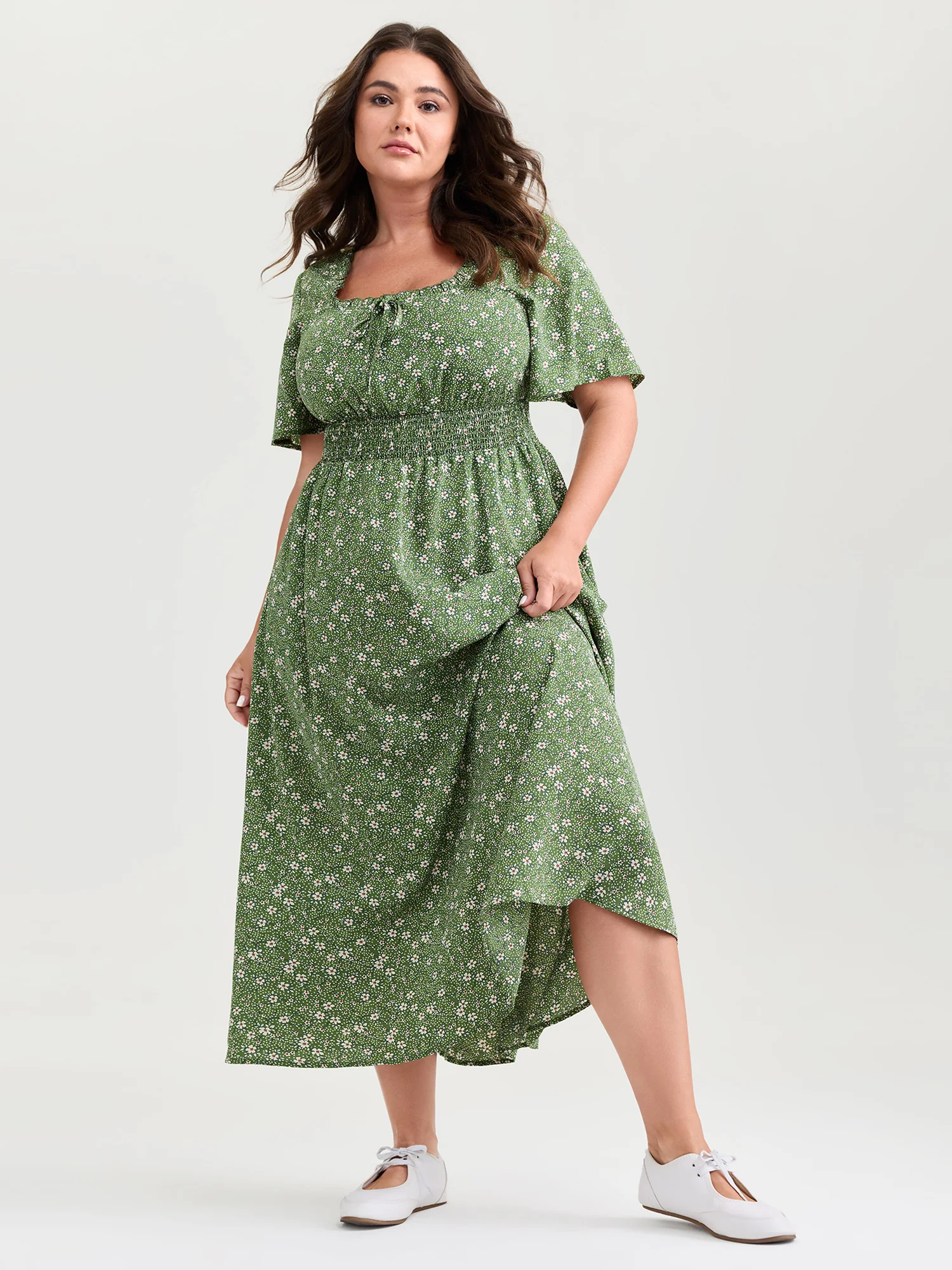 Floral Print Shirred Pockets Midi Dress - Image 3