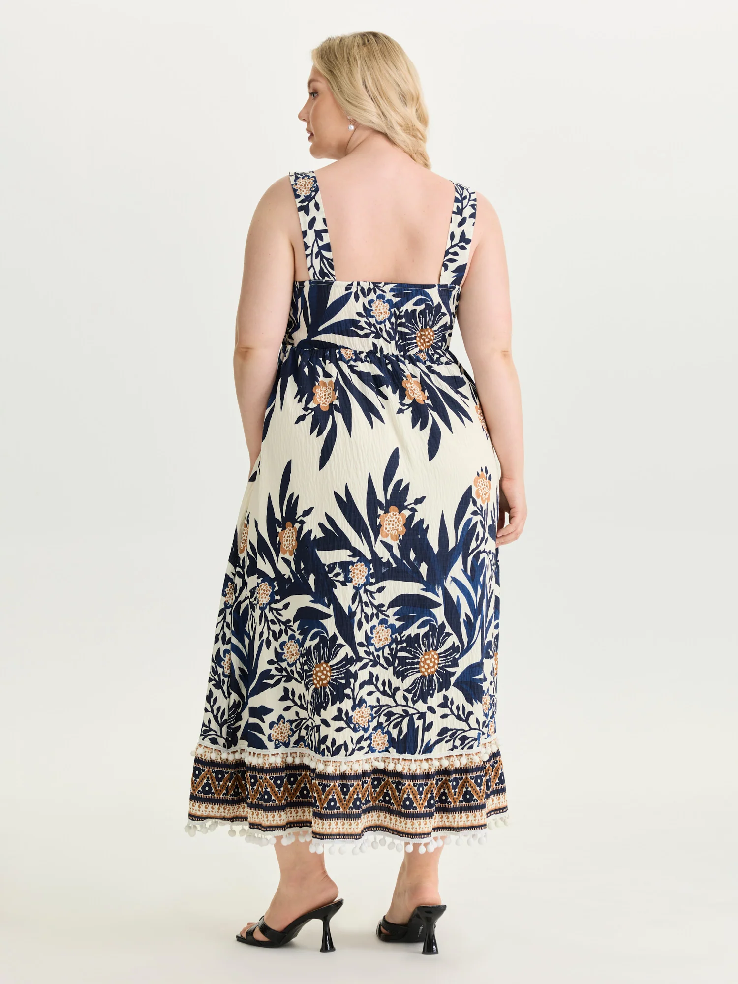 Floral Print Shirred Pom Pom Hem Maxi Dress - Image 5
