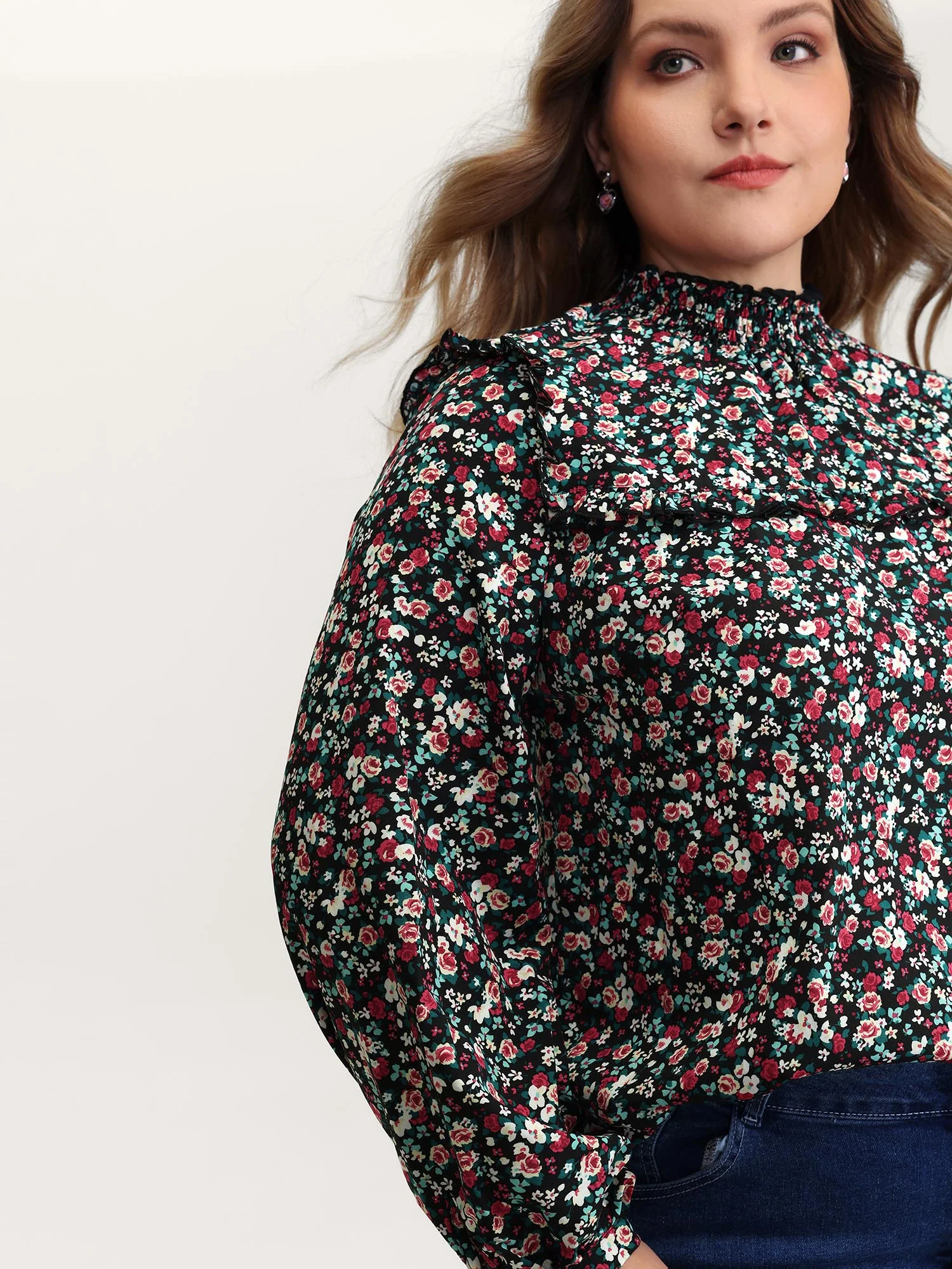 Floral Print Shirred Sleeve Tie Blouse - Image 2