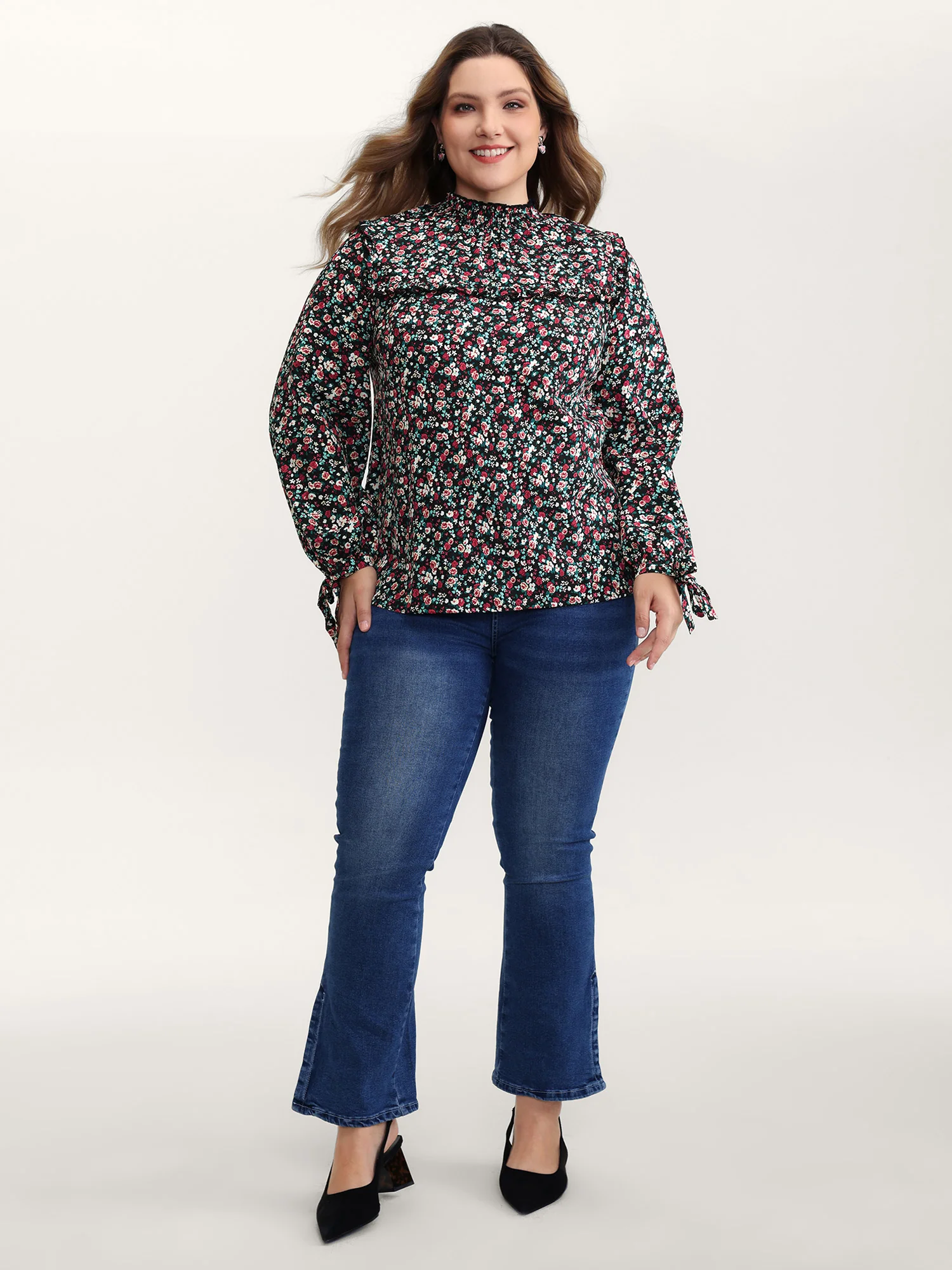 Floral Print Shirred Sleeve Tie Blouse - Image 3