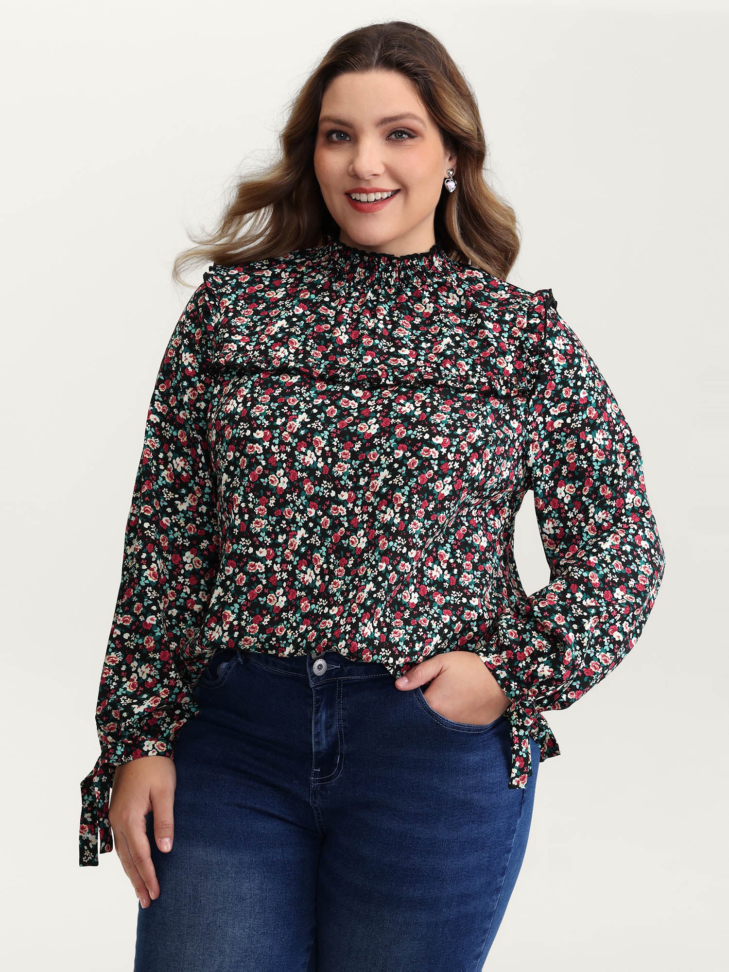 Floral Print Shirred Sleeve Tie Blouse - Image 4