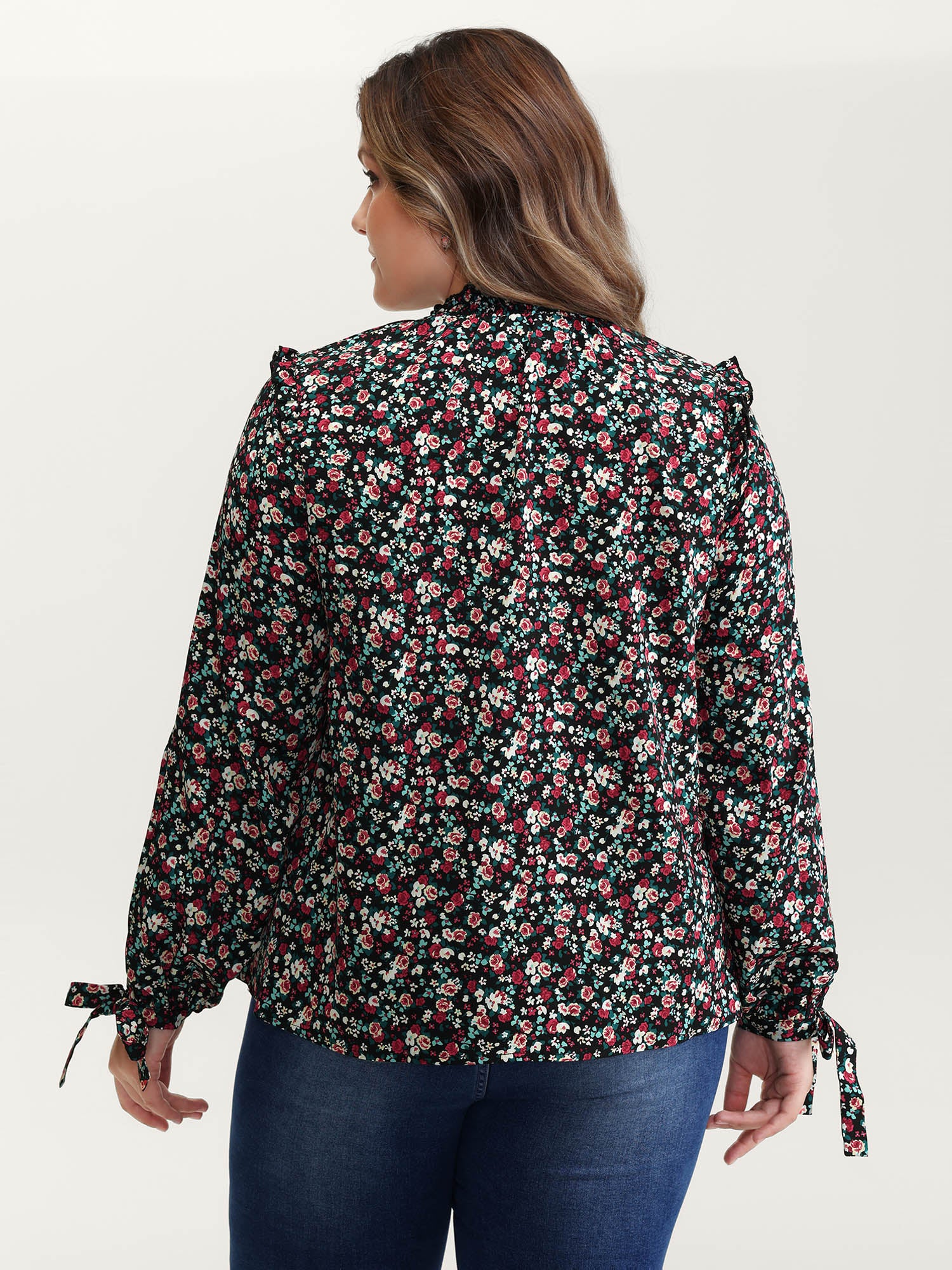 Floral Print Shirred Sleeve Tie Blouse - Image 5