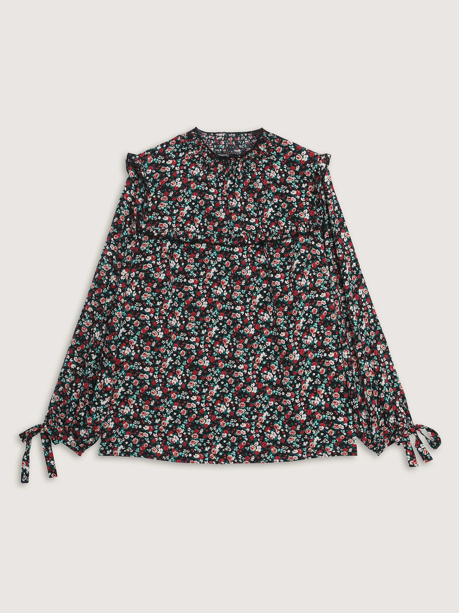 Floral Print Shirred Sleeve Tie Blouse - Image 8