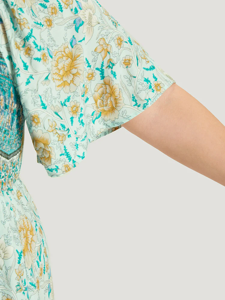 Floral Print Shirred Square Neck Dress - Image 10