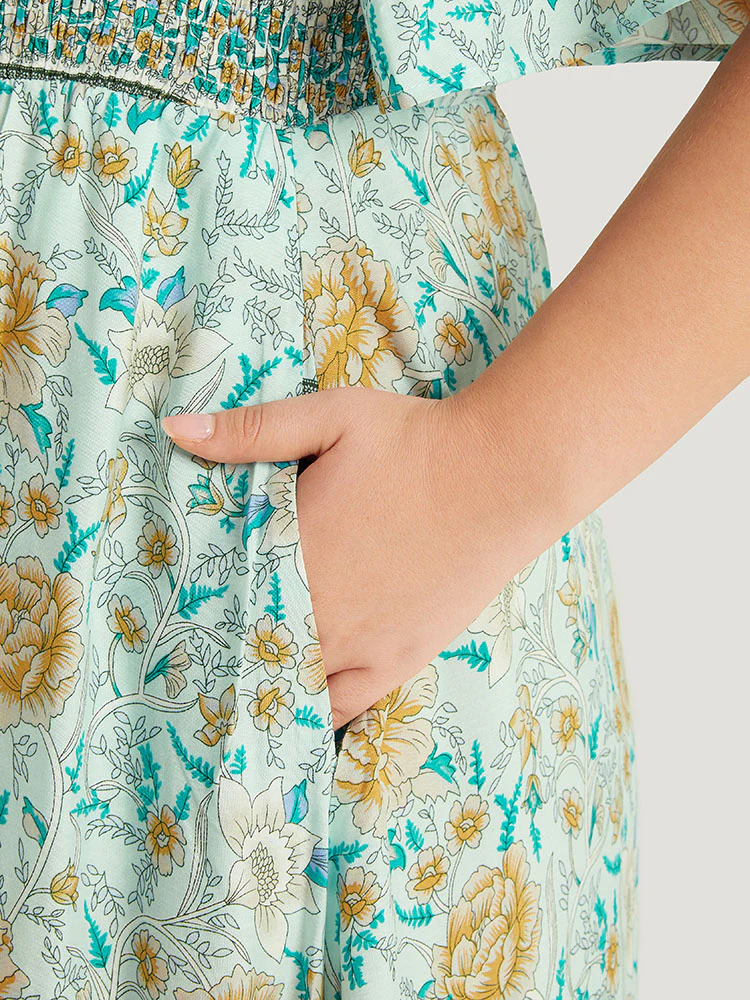Floral Print Shirred Square Neck Dress - Image 11