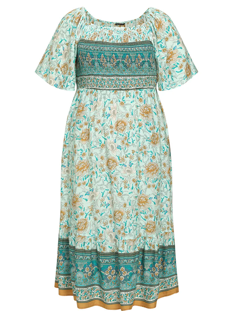 Floral Print Shirred Square Neck Dress - Image 12