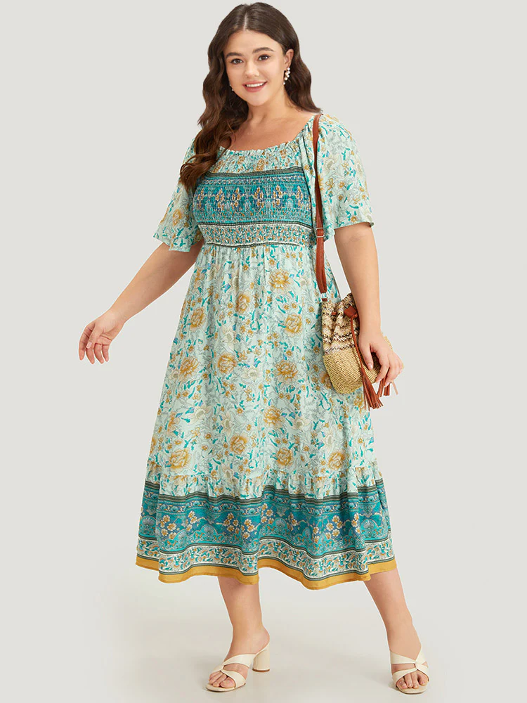 Floral Print Shirred Square Neck Dress - Image 3