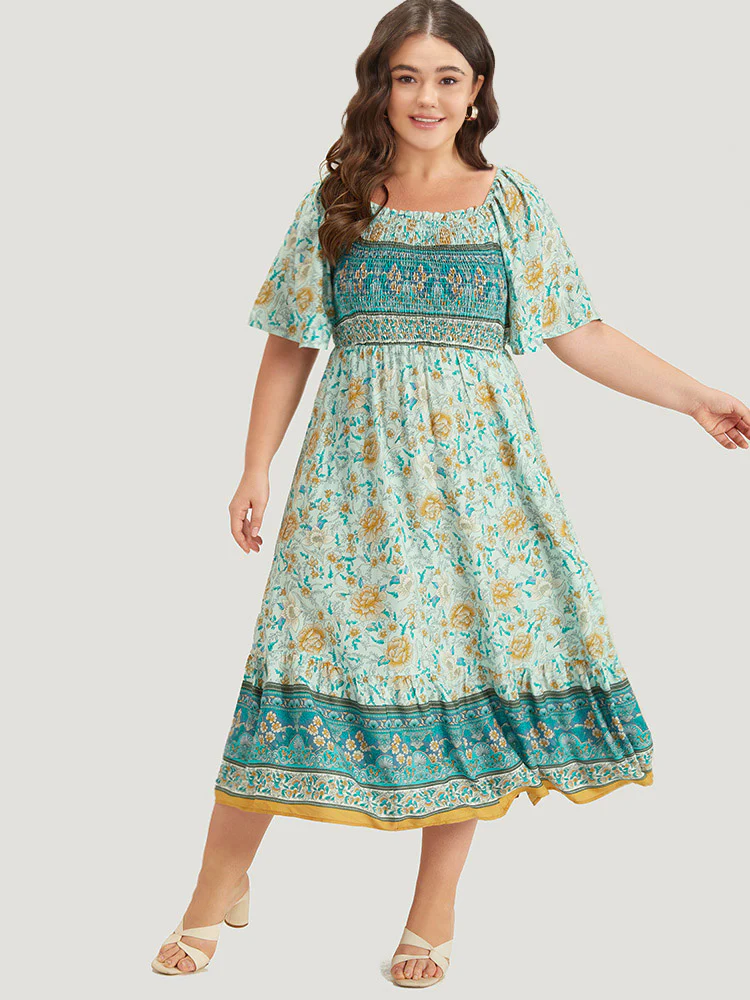 Floral Print Shirred Square Neck Dress - Image 4