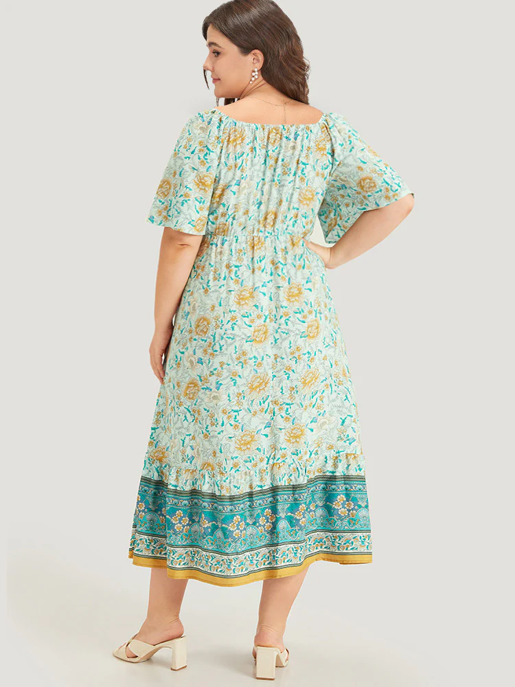 Floral Print Shirred Square Neck Dress - Image 5