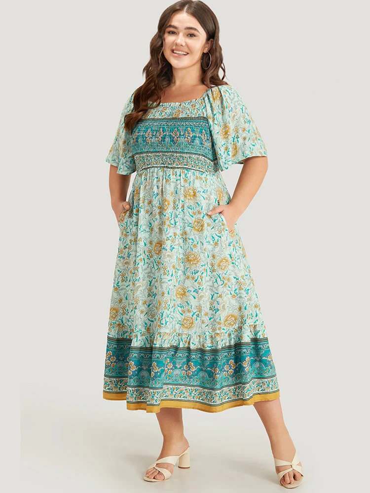 Floral Print Shirred Square Neck Dress - Image 6