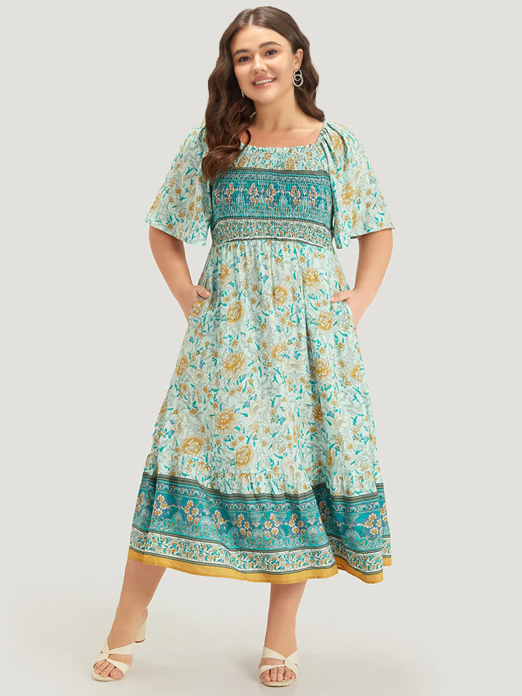 Floral Print Shirred Square Neck Dress - Image 7